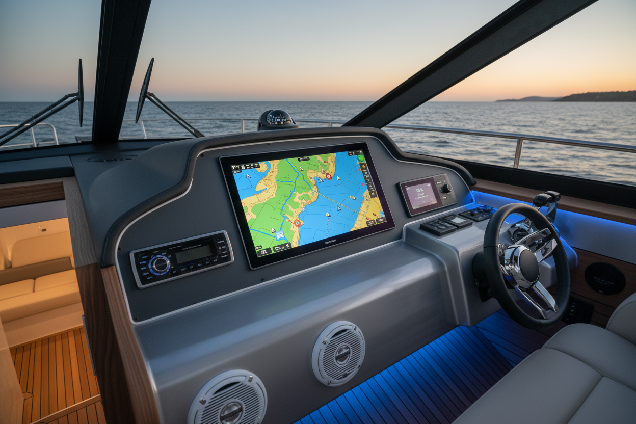 boat with electronic chartplotter stereo system and lighting