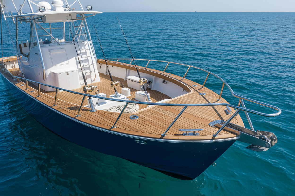 boat with fishing and hardware like rails and cleats