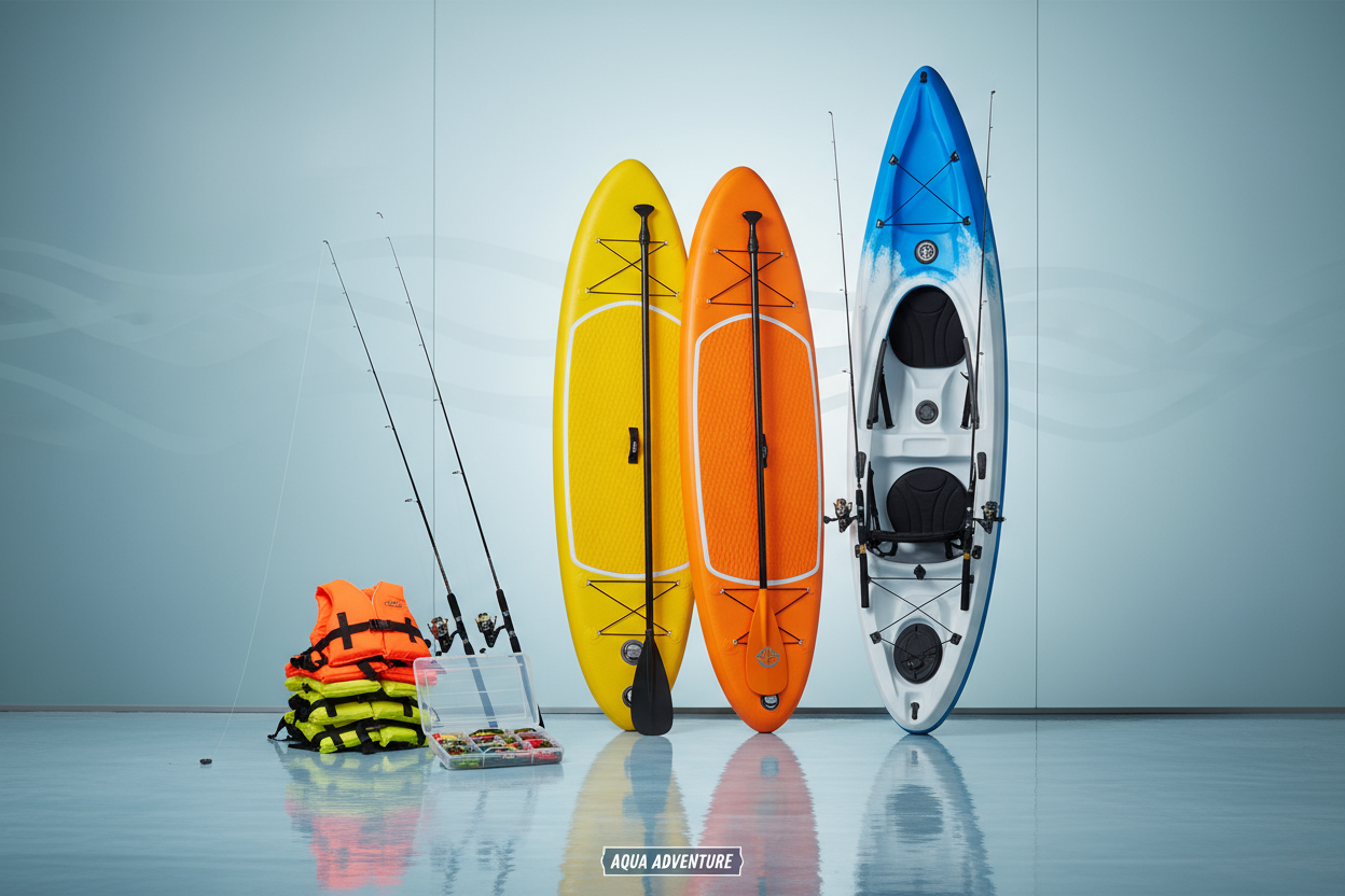 watersports accesories such as lifejackets, tackle, fishing rods, life jackets, paddle boards and kayaks